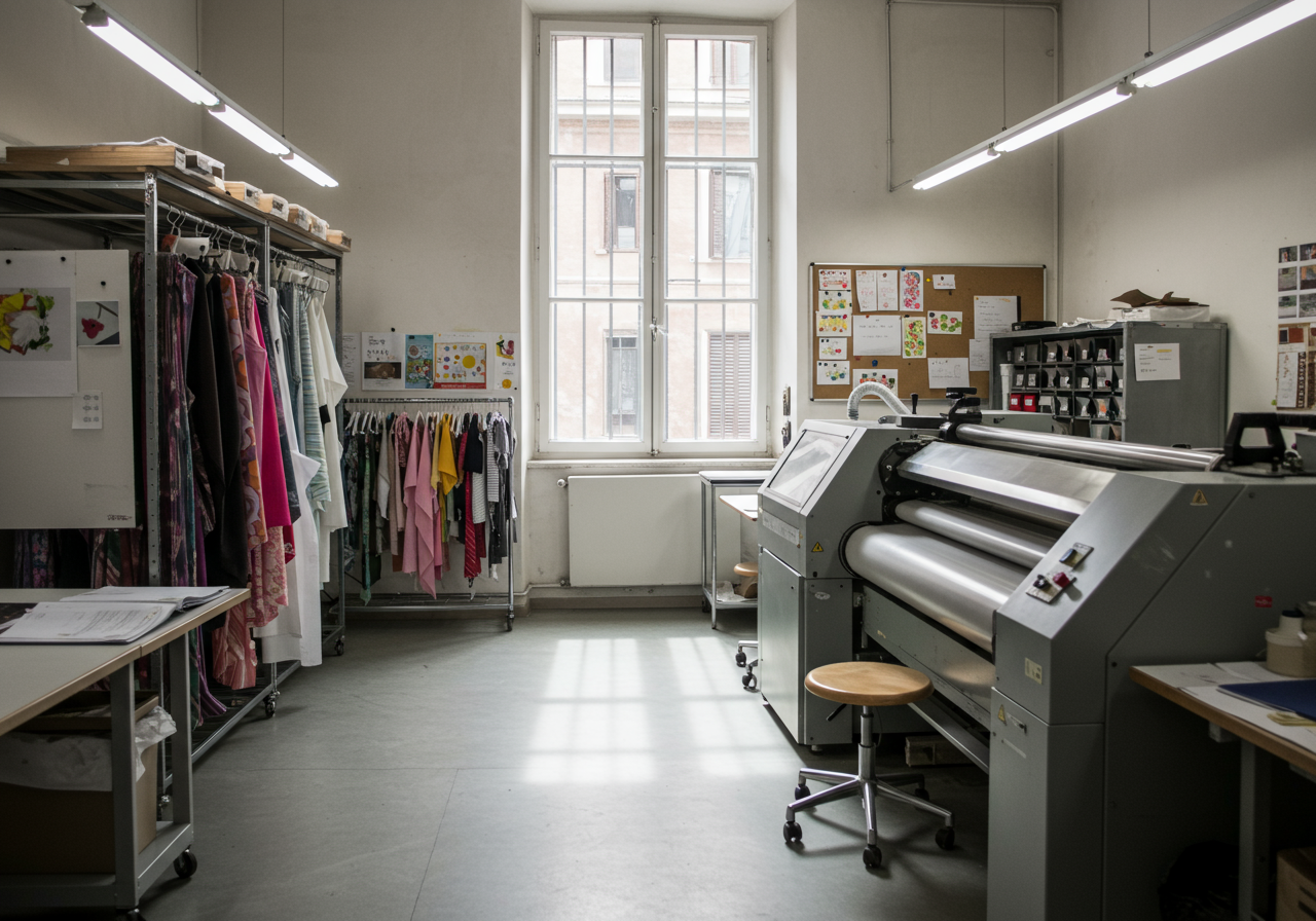 A clean, modern workspace for textile printing in Rome.