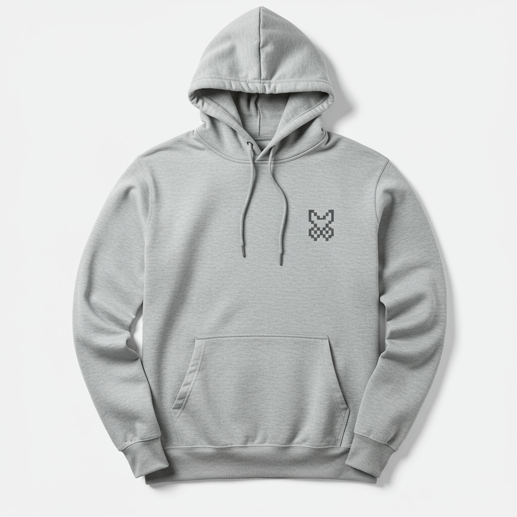 Light grey hoodie with a subtle pixel art logo.