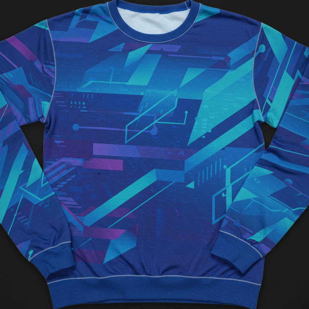 Blue digital-themed sweatshirt with abstract geometric patterns.