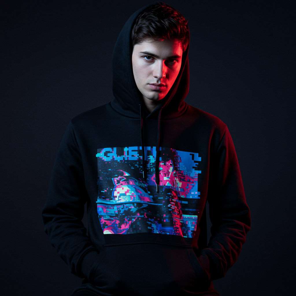 Black hoodie with a cool glitch-style print across the front.