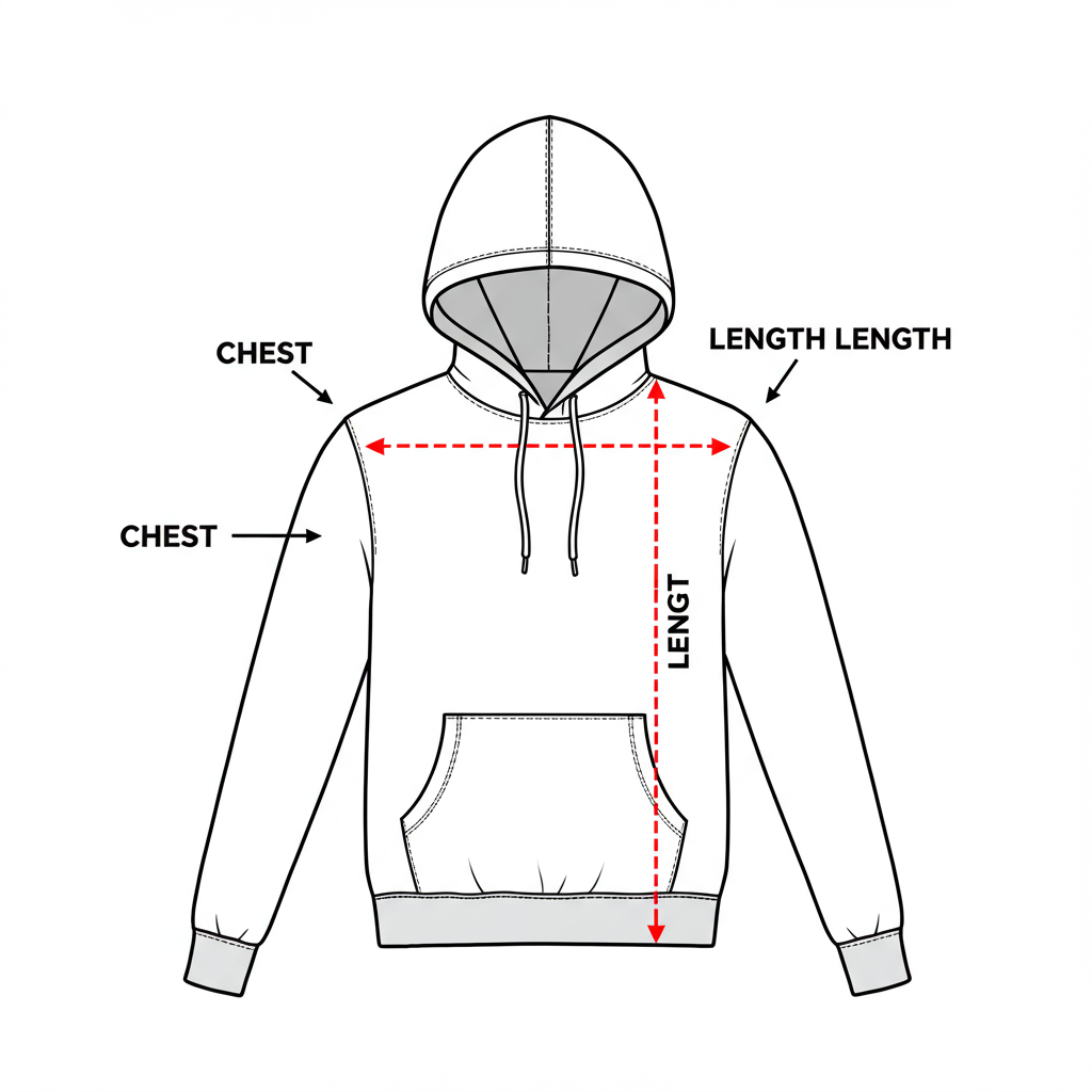 Visual diagram showing how to measure chest and length for a hoodie.